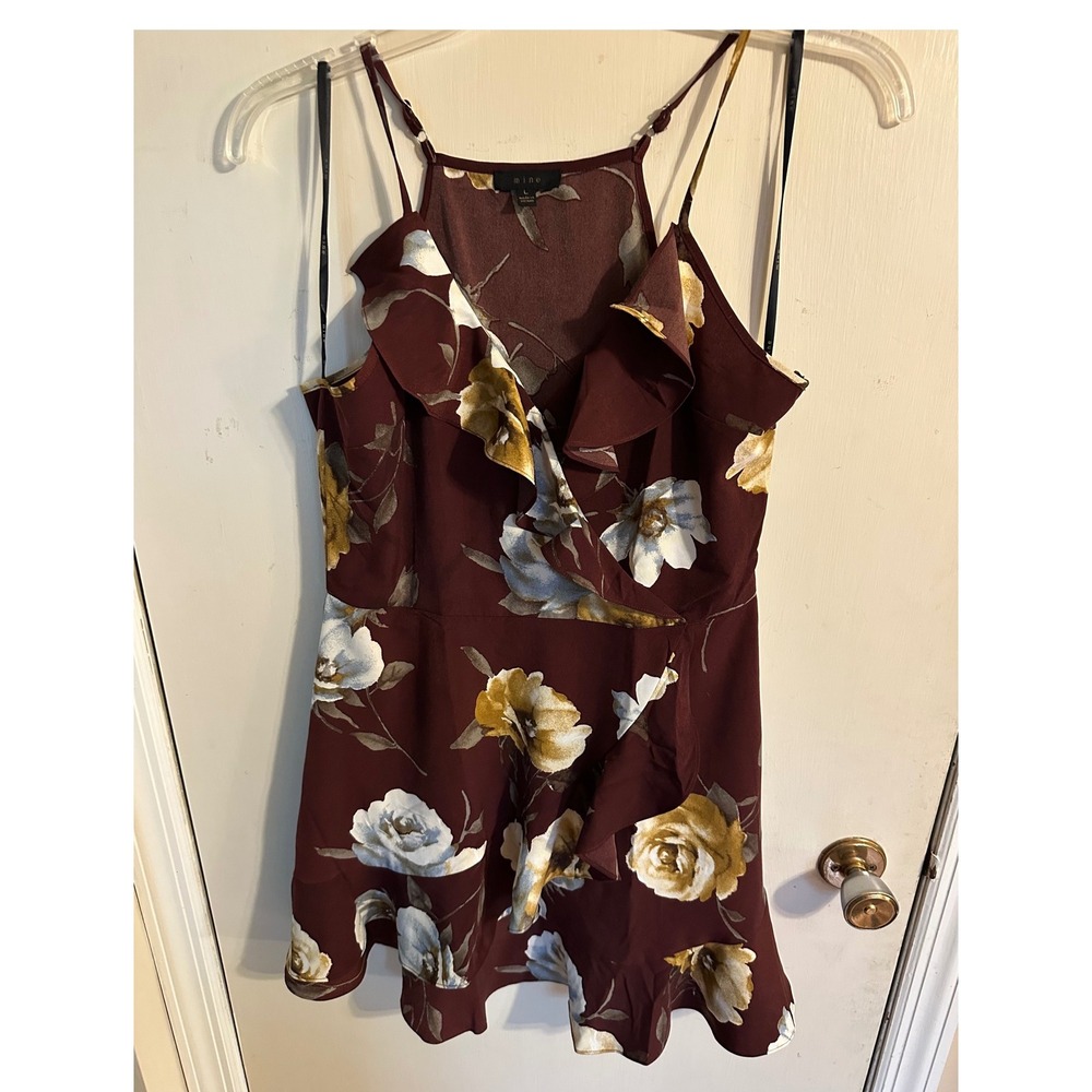 Mine Romantic Burgundy Floral Ruffle Mini Dress Sleeveless Size Large Woman's - Picture 2 of 16